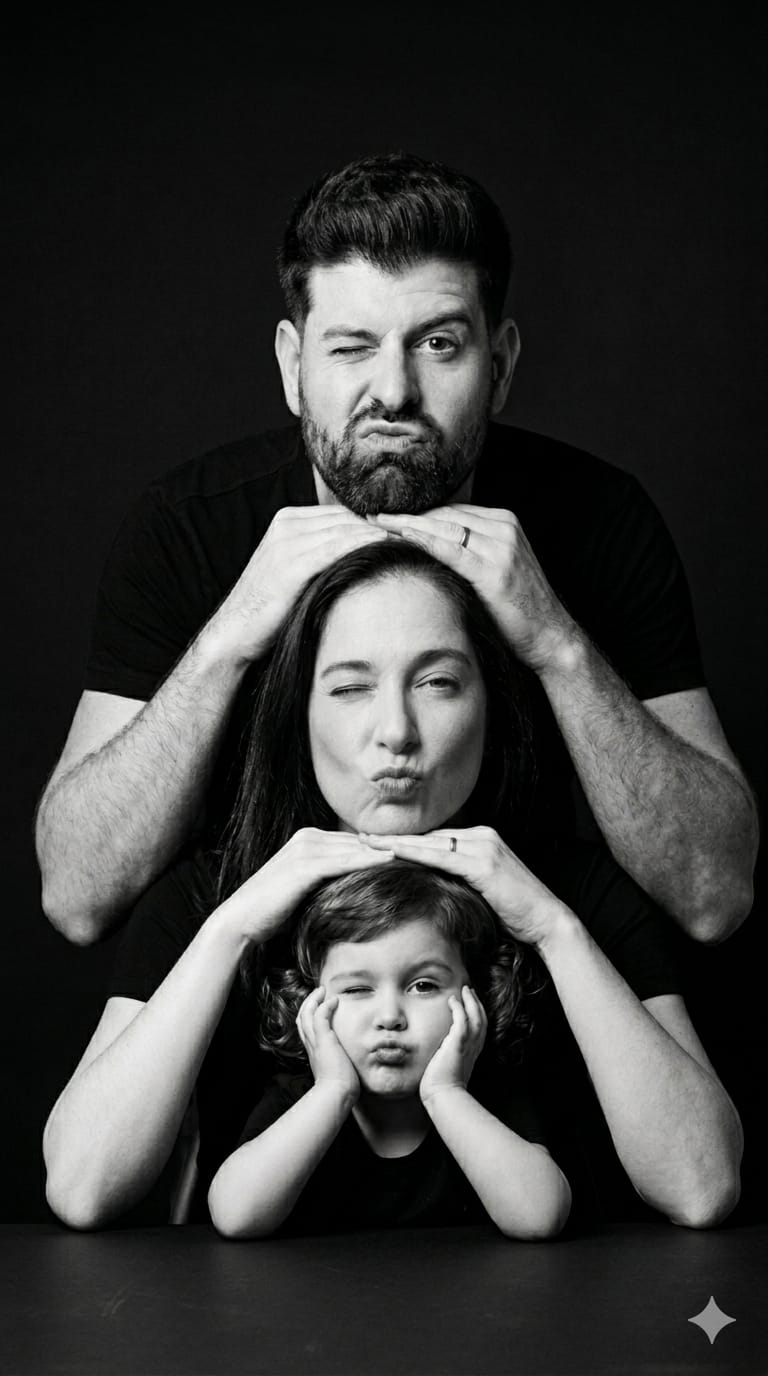 Foto de estúdio com IA realista — família em preto e branco gerada com Nano Banana 2