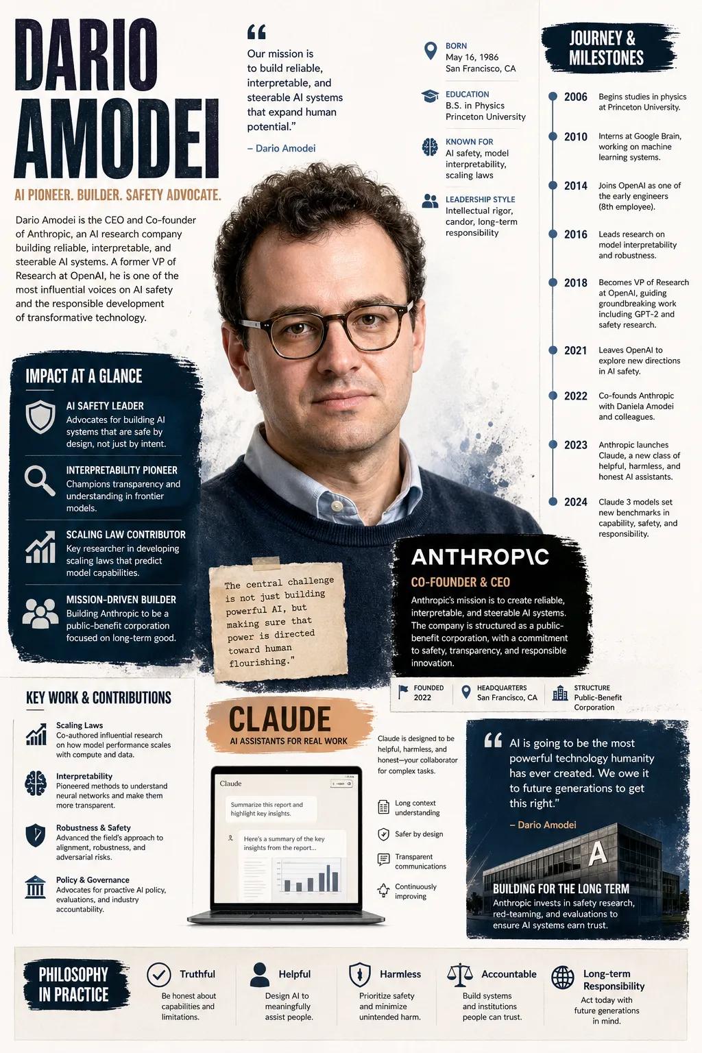 Infográfico visual gerado com IA sobre Dario Amodei CEO da Anthropic